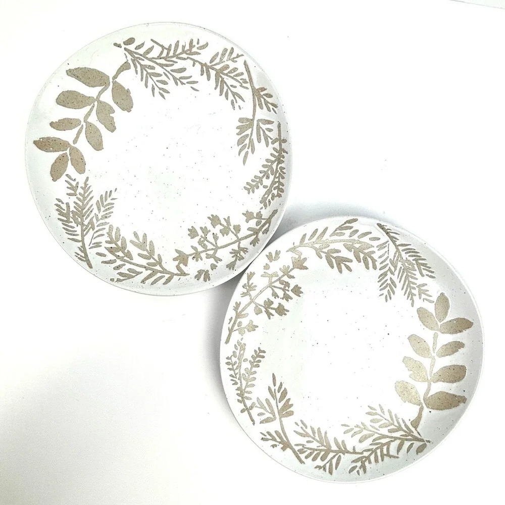 West Elm Botanical Salad Plates Set of 2 White Tan Stoneware Speckled 8